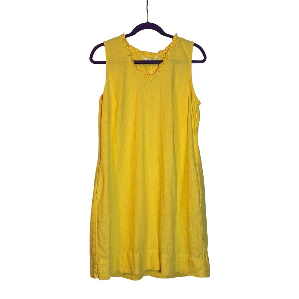 Briggs Yellow Linen Rayon Sleeveless Shift Dress Ruffle Neck Pockets L